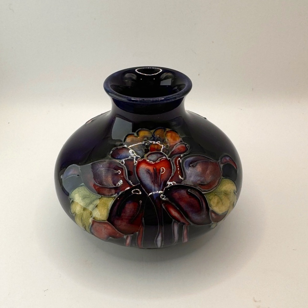 William Moorcroft vintage petite squat Columbine floral vase. Cobalt blue EUC